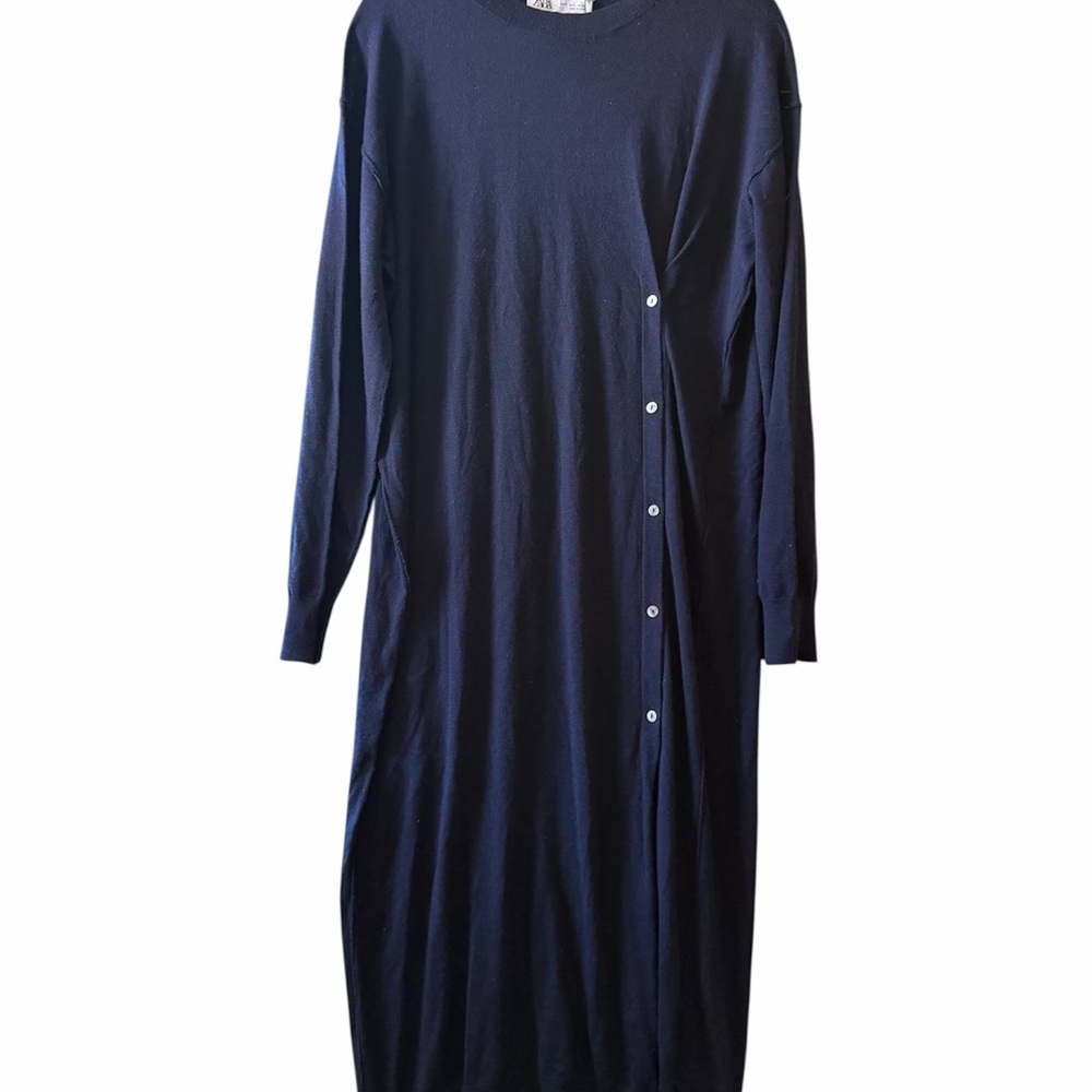 Zara Navy Long Sleeve Button-Accent Knit Dress - Picture 2 of 7